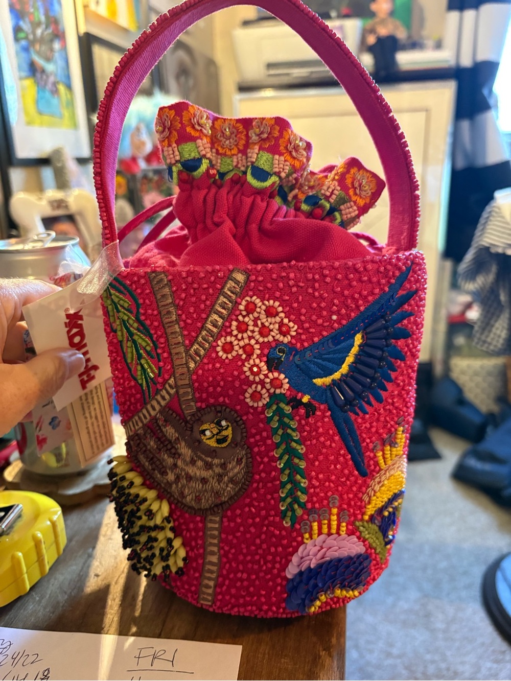Hand-Embroidered Hot Pink Beaded Drawstring Mini Bag Viral Sloth Macaw Palm Tree - Picture 6 of 7
